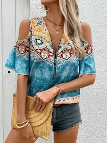Top Minimalista Boho con Estampado, Hombros Descubiertos, Cuello en V, Media Cremallera, Puños con Volantes, Ligero, Informal, para Uso Diario - Azul - Ver 2