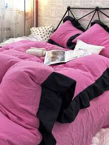 Bộ 3 món ga trải giường và vỏ gối bằng sợi microfiber mềm mại (1 ga trải giường + 2 vỏ gối), viền xếp ly, phù hợp cho phòng ngủ và phòng khách, sử dụng được cả bốn mùa, có thể giặt máy. - Màu Hồng Tươi - Xem 11