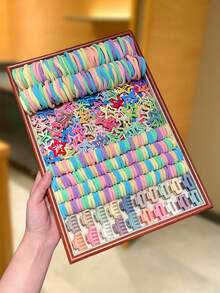240pcs Colorful Sweet & Cute Women Hair Accessories Set, Including Hair Scrunchies, Star Hair Clips, Small Square Hair Claws, Bone-Shaped Hair Clips, Suitable For Casual Daily Use,Ponytail Holders,Hair Barrettes - Multicolor - View 3