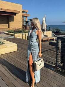 Summer New Women's Light Blue Sexy Button Denim Long Dress - Light Blue - View 2