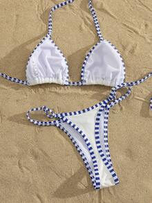 2pcs Striped & Solid Color Sexy Tie-Front Backless Women Swimwear Bikini Set White Vacation Beach Summer - White - View 3