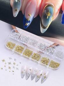 1 Box 12 Compartments Alloy Silver & Gold Star Nail Art Decorations, Assorted Star Shaped Metal Nail Accessories - Multicolor - View 3