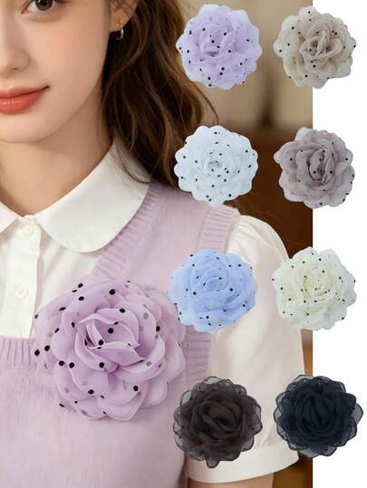 Ghim cài áo thủ công bằng vải organza chấm bi dễ thương, dài 9cm, thích hợp để trang trí trang phục hàng ngày cho bé gái.