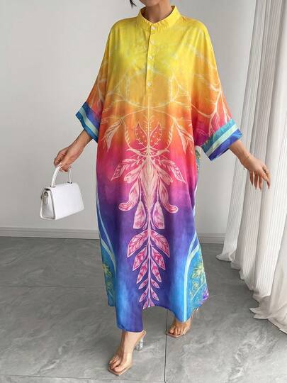 1 chiếc đầm dài dáng rộng tay raglan, cổ tàu, cài cúc đơn, in họa tiết ombre dành cho nữ, kiểu dáng thanh lịch Ả Rập, đầm dạ hội sang trọng cho các lễ hội.