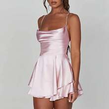 Camisones sexis de seda satinada para mujer, vestido liso con cuello vuelto, monos cortos sin mangas, pelele con lazo cruzado y espalda descubierta para verano - Rosa - Ver 5
