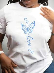 Fashionable Casual Round Neck Short Sved Top Mother's Day T-Shirt Can Be Worn For Daily Wear, Love Butterfly Print To Give To Friends And Family - 白色 - 查看 1