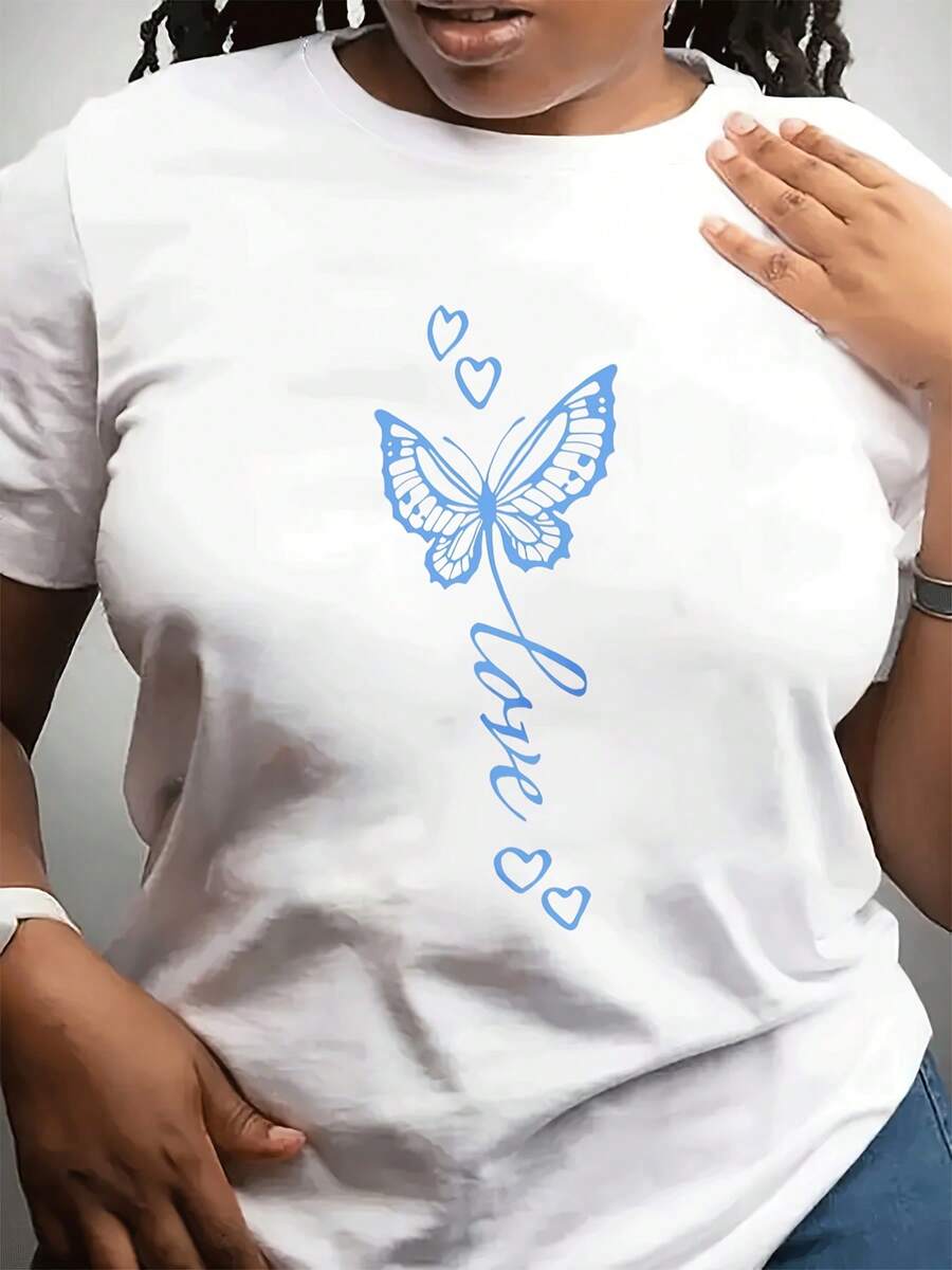 Fashionable Casual Round Neck Short Sved Top Mother's Day T-Shirt Can Be Worn For Daily Wear, Love Butterfly Print To Give To Friends And Family - 白色 - 查看 1