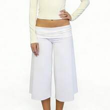 Women Fold Over Lounge Capris Wide Leg Cropped Flowy Gaucho Pants Comfy Casual Yoga Coluttes Pajama Bottom - trắng - Xem 1