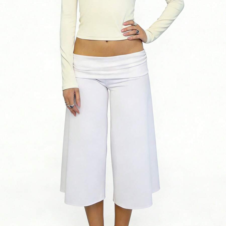 Women Fold Over Lounge Capris Wide Leg Cropped Flowy Gaucho Pants Comfy Casual Yoga Coluttes Pajama Bottom - trắng - Xem 1