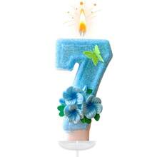 创意畅销0-9数字字母生日蜡烛，手工DIY生日蛋糕，节日主题派对装饰蜡烛，浅蓝色、绿色蝴蝶花、桃花、闪光、彩色绘画，优雅，婚礼，生日庆祝，周年纪念派对蜡烛 - 淺藍色三花拼蝴蝶 - 查看 5