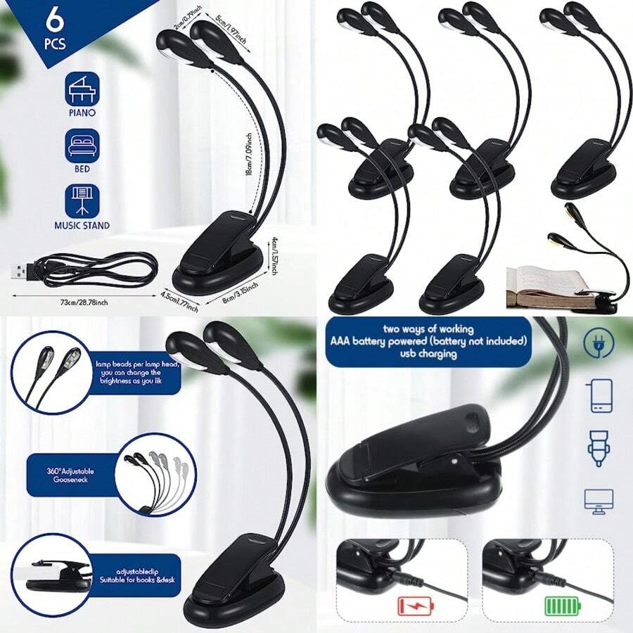 Retisee - Soporte de música con clip para lectura luces LED AAA que funcionan con pilas 3 niveles de brillo ideal para músico piano niños batería AAA no incluida brazo doble - Clásico - Ver 1