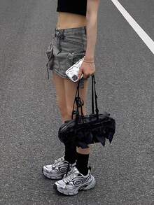 2026新款缎面褶皱蝴蝶结手提包，小众暗黑风格百搭女士腋下包 - 黑色 - 查看 6