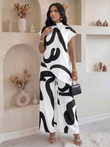 SHEIN Lady Summer Elegant Commuter Simple Geometric Print Two Pieces Set Women Two Pieces Outfits Summer Outfits For Women Vacation Outfits Woman 2 Pieces Sets Woman - Black and White - View 6
