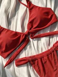 Women's Summer Vacation Swimwear Series, Red & White Plaid Bow Tie Strap Triangle Bikini 2-Piece Set, Sweet Girl Bikini Set Beach - Red - View 5