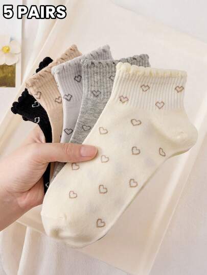 5 pares de calcetines de verano transpirables y de corte bajo para mujer, calcetines tipo barco con estampado de flores y corazones, estilo japonés