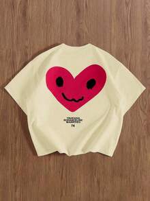 Playera Oversize Unisex con Estampado de Corazón Sonriente Rojo - Estilo Streetwear Casual - Albaricoque - Ver 2