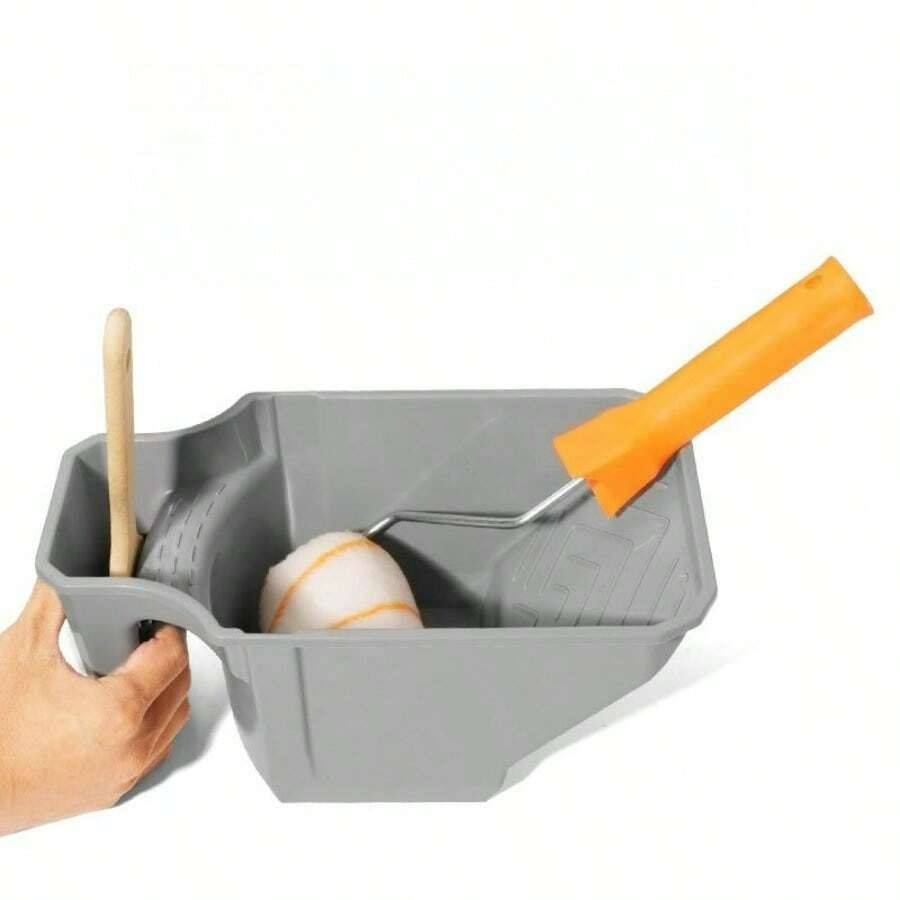 1pc Large Capacity Handheld Paint Cup With Roller Frame, Easy To Use With Brush And Roller, Grey
