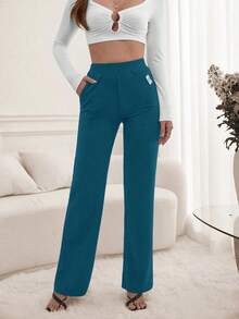 Pantalones rectos de talle alto para mujer alta, color sólido azul petróleo, cintura elástica y bolsillos laterales, tejido suave y cómodo, estilo casual y favorecedor, ideal para uso diario, salidas informales, oficina y looks versátiles - Gris - Ver 9