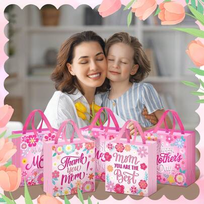 Túi quà Ngày của Mẹ, Túi đựng kẹo và đồ ăn nhẹ Ngày của Mẹ dùng cho tiệc sinh nhật, Túi quà Ngày của Mẹ dung tích lớn, vải không dệt họa tiết hoa, túi đựng kẹo chủ đề "Yêu Mẹ", bao bì trang trí tiệc chủ đề "Mẹ tuyệt vời nhất". Túi quà, vật tư đóng gói, màu hồng, màu tím.