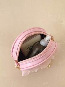 Bolso de mano redondo con flores de encaje 3D de moda, bolso cruzado de hombro con cadena multiusos y único - Rosa - Ver 10