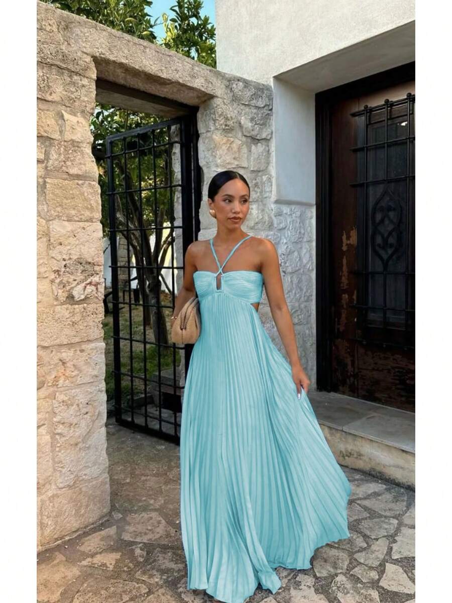 Women's Pleated Halter Neck Maxi Dress, Crisscross Straps Cutout Waist Evening Gown - 淺藍色 - 查看 1