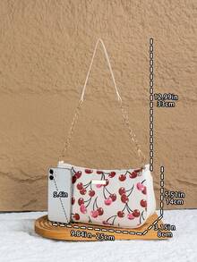 Milky White Cherry Print Underarm Bag, PU Material, Chain Shoulder Strap, Zipper Closure, Sweet & Spicy Style For Spring/Summer - White - View 3
