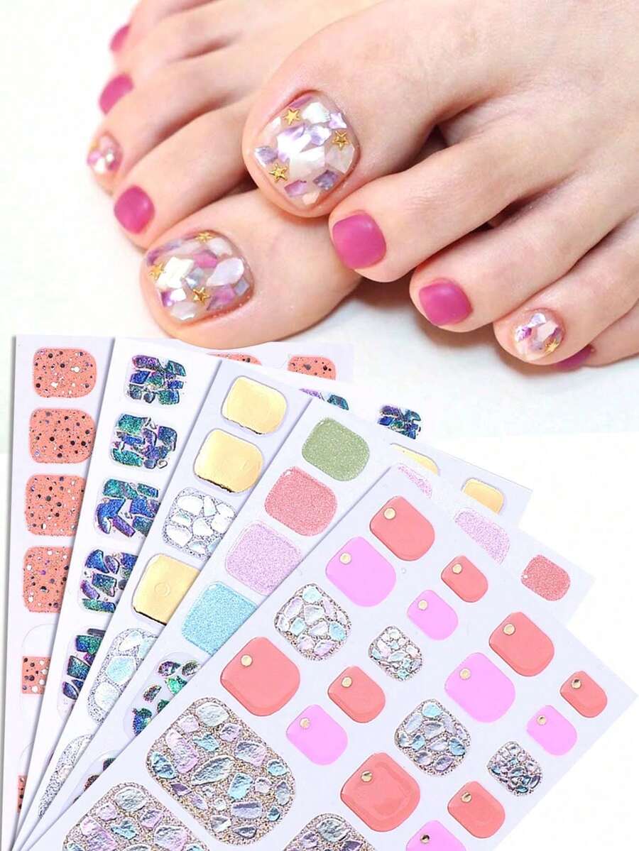 5pcs Full Toe Nail Stickers, Glitter Self-Adhesive Nail Art Decals With Designs, Nail Decoration Set For Women And Girls, Suitable For Birthday Party, Gathering And Ball - Multicolor - View 1