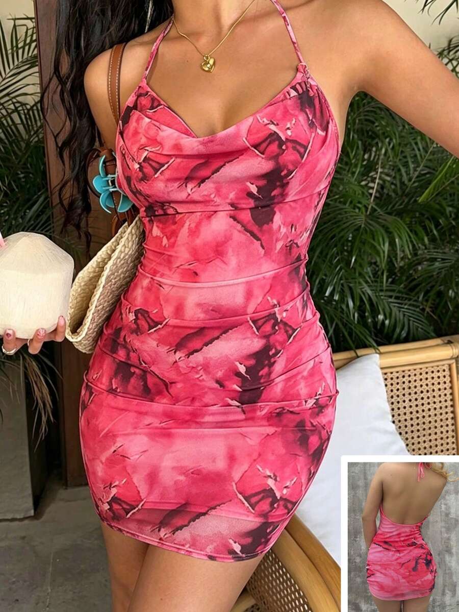 New European And American Women's Fashion - Printed Camisole, A-Line Skirt, Cross Neck, Cross Back, Backless, Sexy Bodycon Mini Dress Elegant - Red - View 1