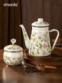 choxila 1pc Enamel Coffee Pot, Tea Pot,Floral Pattern Gooseneck Kettle, 1.2L Large Capacity, With Handle And Narrow Spout. It Can Be Used As An Oil Pot, Boiling Pot And Household Teapot, Suitable For Electric Stoves And Gas Stoves To Brew Coffee And Tea. - 1.2L Flower and Bird Enamel Kettle - View 1