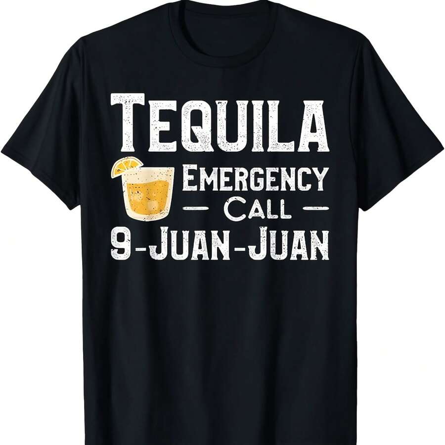Humorous Tequila Emergency Call 9-1-Juan Graphic T-Shirt, 180 GSM Heavyweight Casual Round Neck Tee Featuring A Spanish Phrase And Margarita Design, Perfect For Mexican-Themed Celebrations. A Comfortable Graphic Print Shirt Suitable For All Seasons - 黑色 - 查看 1