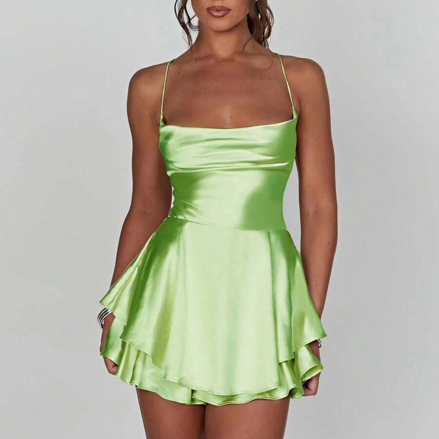 Camisones sexis de seda satinada para mujer, vestido liso con cuello vuelto, monos cortos sin mangas, pelele con lazo cruzado y espalda descubierta para verano - verde esmeralda - Ver 1