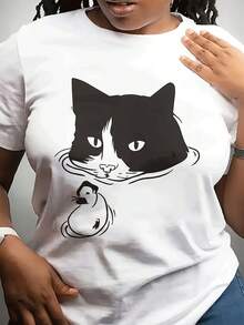 Camiseta casual de moda de cuello redondo del festival de primavera de las mujeres | Sved corto, tejido estirable ligero, impresión de gato de patrón geométrico, yo para Dailpor y regalo a amigos y familia - Blanco - Ver 2