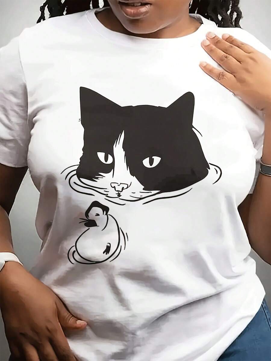 Camiseta casual de moda de cuello redondo del festival de primavera de las mujeres | Sved corto, tejido estirable ligero, impresión de gato de patrón geométrico, yo para Dailpor y regalo a amigos y familia