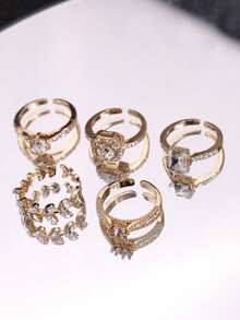 5pcs Exquisite Elegant Luxury Design Rhinestone Leaf Rings Set, Fashionable Jewelry Suitable For Wedding, Party, Holiday Gift And Bride Wear - Multicolor - View 5