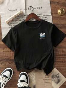 Camiseta de manga corta con cuello redondo y estampado casual para niños y adolescentes, top de verano - Blanco - Ver 4