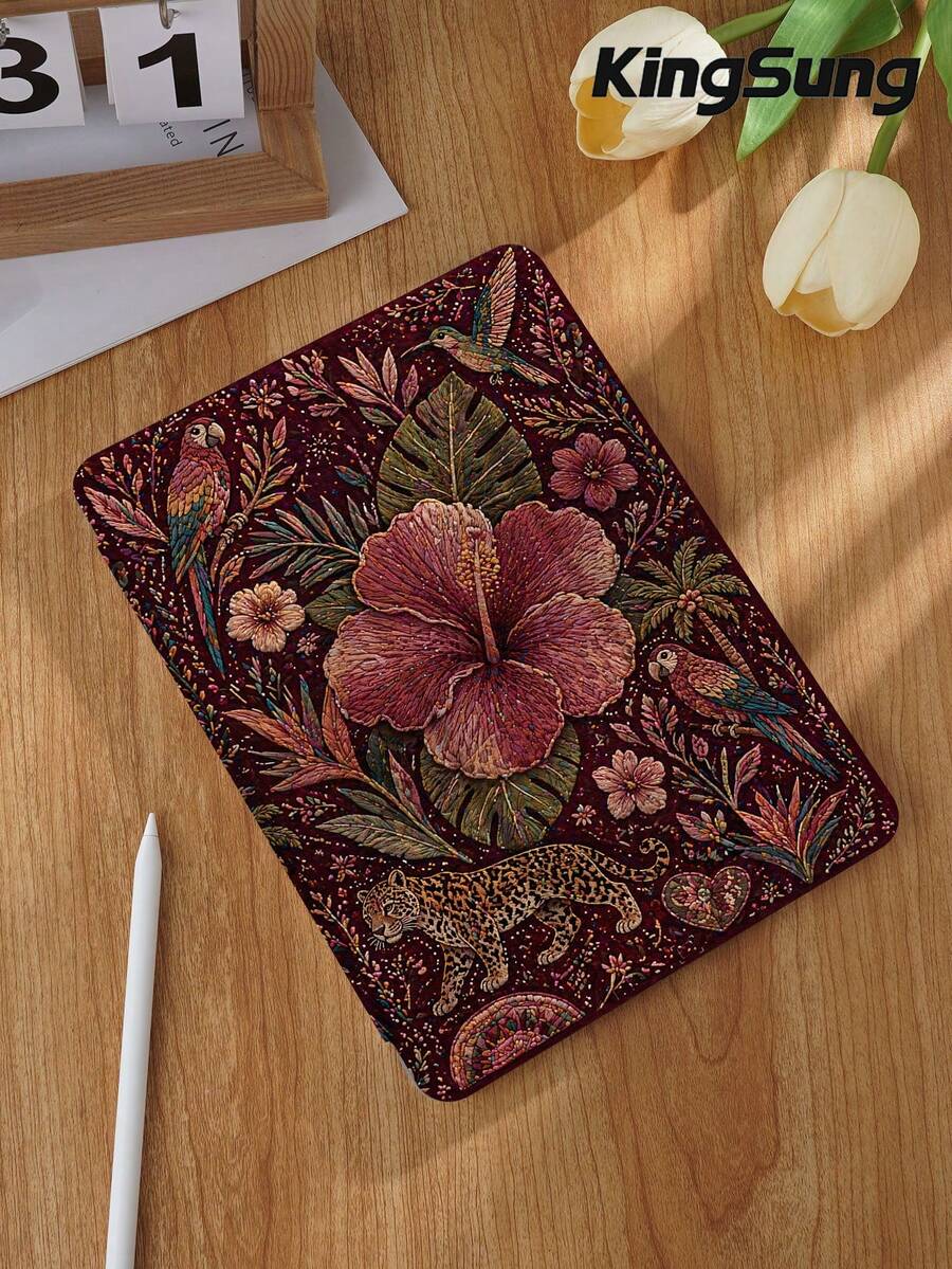 Kingsung 2026 Embroidered Floral & Leopard Retro Pattern Tablet Protective Case, Compatible With Ipad 9.7/10.2/10.5/10.9/12.9/Pro 11, 10th Gen, Air 8 (M4), Galaxy Tab S6 Lite 10.4", Kindle Paperwhite 12th Gen 2024, Kindle 11th Gen 2022, Soft Shock-Proof, Smart Stand/Auto Wake/Sleep