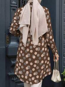 Women's Full Print Long Sleeve Long Arabic Style Top, Spring/Autumn Vacation - Brown - View 3