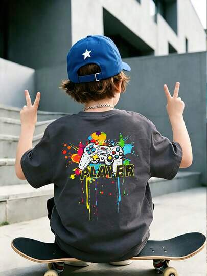 Boys' Colorful Splatter Game Controller Print Short Sleeve T-Shirt, Casual Streetwear For Summer
