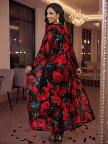 SHEIN Lady Ngày lễ tình nhân/Tiệc năm mới/Đa năng để mặc hàng ngày khi đi làm/Mặc trong mọi mùa Áo choàng dài tay in hoa hồng dành cho nữ & Đầm cổ chữ V Bộ 2 món thanh lịch - Nhiều màu - Xem 3