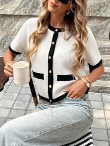 White Round Neck Short Sleeve Y2K Knit Top, Gold Button Fitted Cropped Casual Summer Cardigan, Suitable For Daily Commute And Vacation - White and Black - View 5