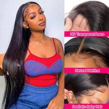 42 Inch Straight HD Transparent Lace Front Wigs Human Hair 13x4 For Women Glueless Brazilian Virgin Frontal Hairline 250% Density Pre Plucked With Baby Hair - Natural Black - Xem 3