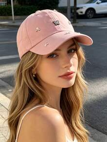 1pc Black Rhinestone Butterfly & Pearl Embroidered Letter Design Adjustable Baseball Cap, Cute & Versatile Sun Hat For Daily Wear, Commute And Outdoor Activities - Baseball Cap - View 8