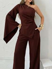Elegaris Women's Elegant Red-Brown Asymmetric Shoulder Ruched Sleeve Top And Wide Leg Pants 2-Piece Set, Fashionable And Casual - Brown - View 2