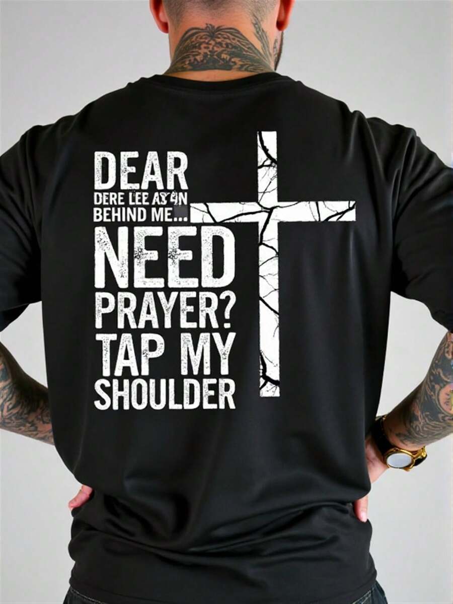 Mens Funny Christian Prayer T-Shirt - Heavyweight Cotton Relaxed Fit Tee With Dear Person Who Needs To Pray? Tap My Shoulder Back Print & Cross Design - Church, Casual Wear, Ideal Gift For Men( Labor Day, Halloween, Thanksgiving, Christmas)Relaxed Plus Size T-Shirt - 黑色 - 查看 1