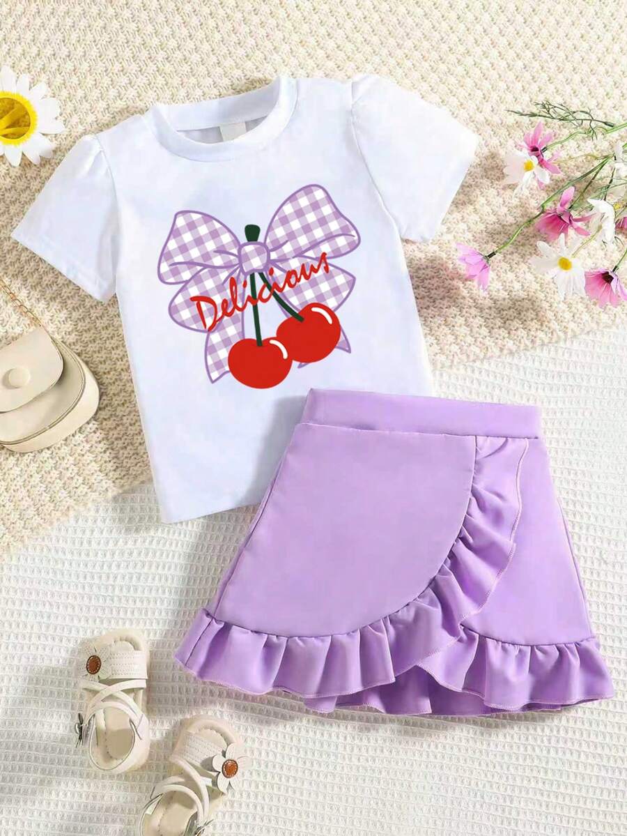 Toddler Cartoon Print Short Sleeve Top And Skirt Set - Purple - View 1