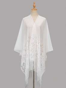 1pc Solid Color Lace Hollow Floral Tassel Shawl,Holiday,Travel Essential - Multicolor - View 4