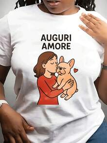 Camiseta casual de moda de cuello redondo de las mujeres | Sved corto, tejido estirable ligero, patrón geométrico, adecuado para el uso Dailpor, con patrones de perro de pareja impresos para el día de San Valentín, yo como Gif para amigos y familia - Blanco - Ver 2