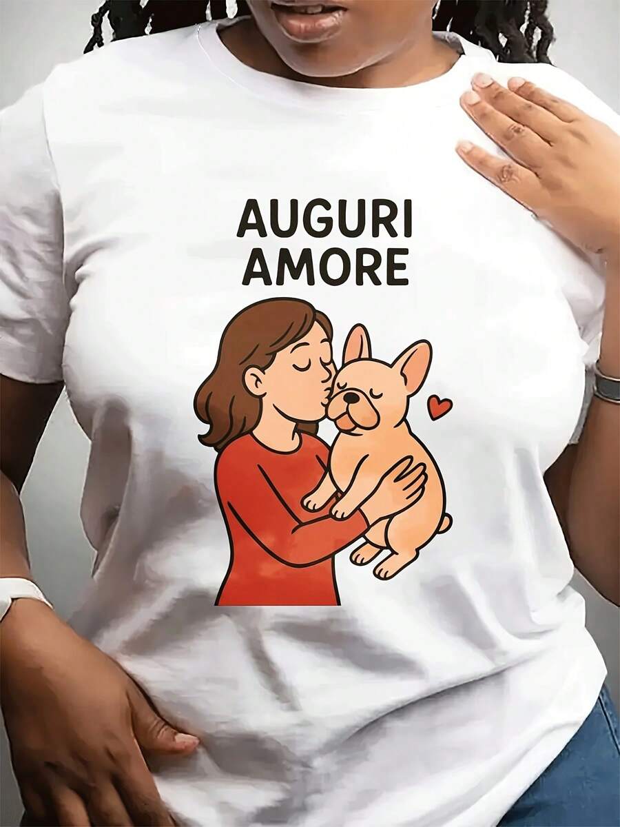 Camiseta casual de moda de cuello redondo de las mujeres | Sved corto, tejido estirable ligero, patrón geométrico, adecuado para el uso Dailpor, con patrones de perro de pareja impresos para el día de San Valentín, yo como Gif para amigos y familia