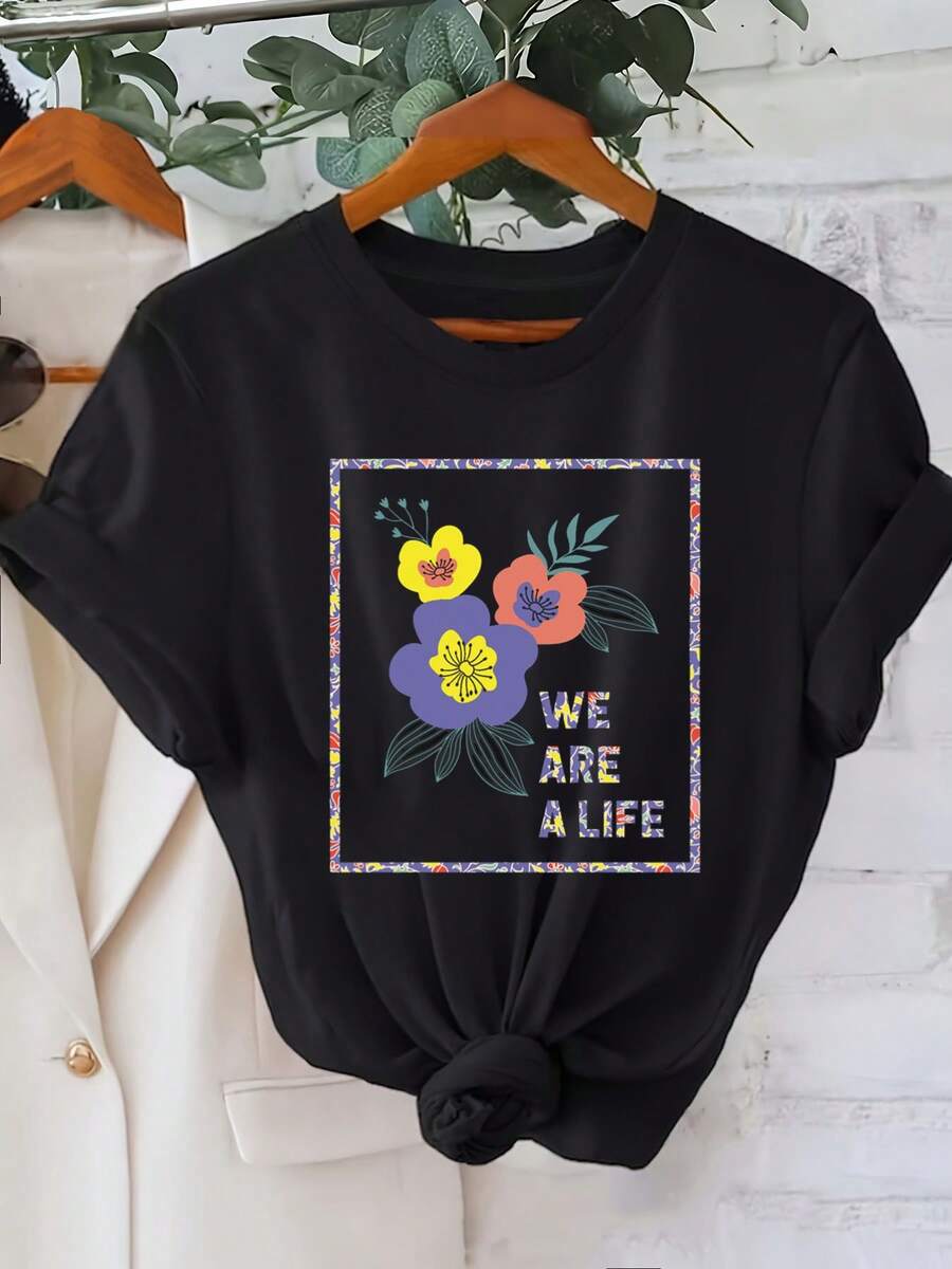 Women's "We Are One Life" T-Shirt With Floral Print, Suitable For Art Exhibitions And Meetings, With A Short-Sleeved Design For Everyday Outings - 黑色 - 查看 1
