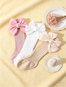 3 Pairs Baby Girls' Sweet Cute Bow Decor Breathable Mesh Anti-Mosquito High Socks, Cotton Material, Suitable For Girls Daily Wear In Spring And Summer - Multicolor - View 3